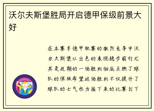 沃尔夫斯堡胜局开启德甲保级前景大好