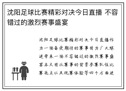 沈阳足球比赛精彩对决今日直播 不容错过的激烈赛事盛宴
